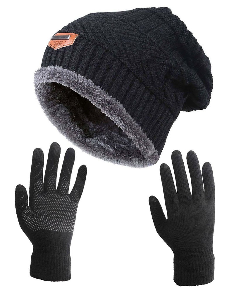 HINDAWI Winter Slouchy Beanie Gloves for Women Knit Warm Hats Skull Caps Touch Screen Mittens Black - Image 1